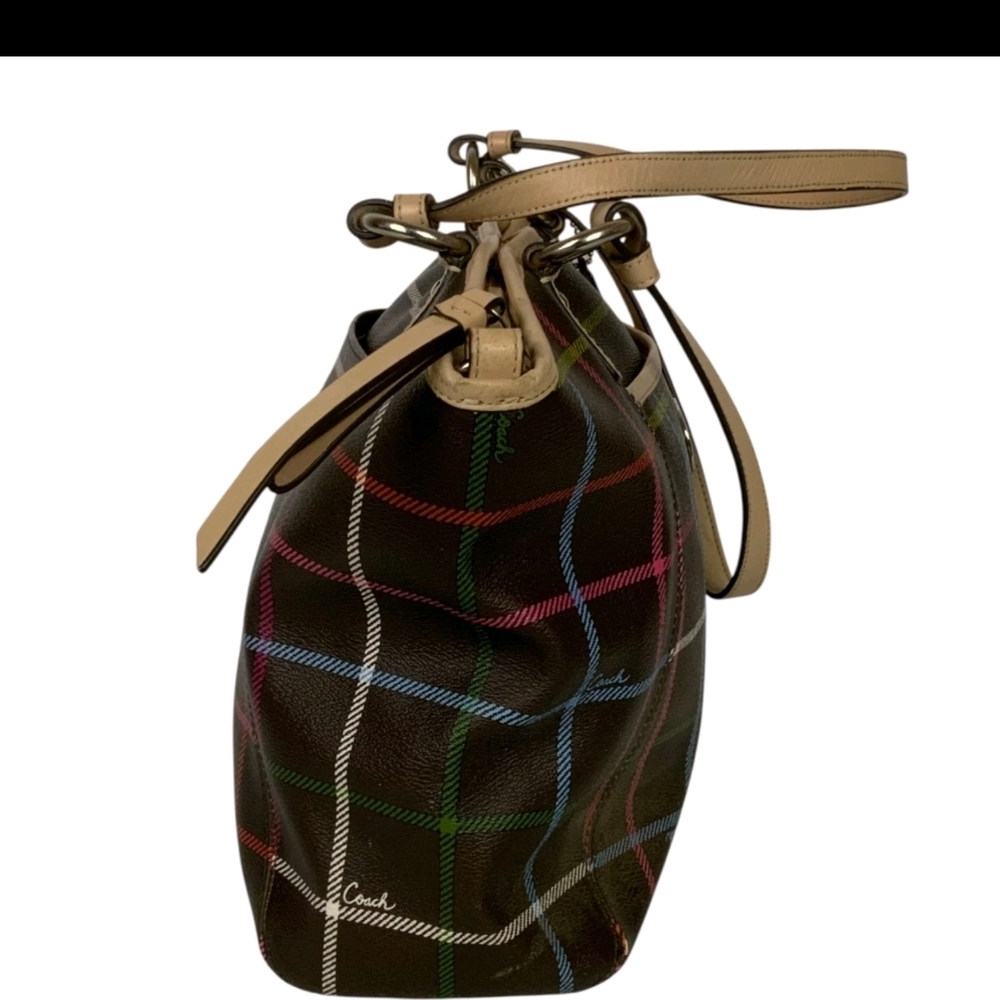 Coach Brown Plaid Tote with Tan Handles and Multicolor Stripes - Picture 4 of 9